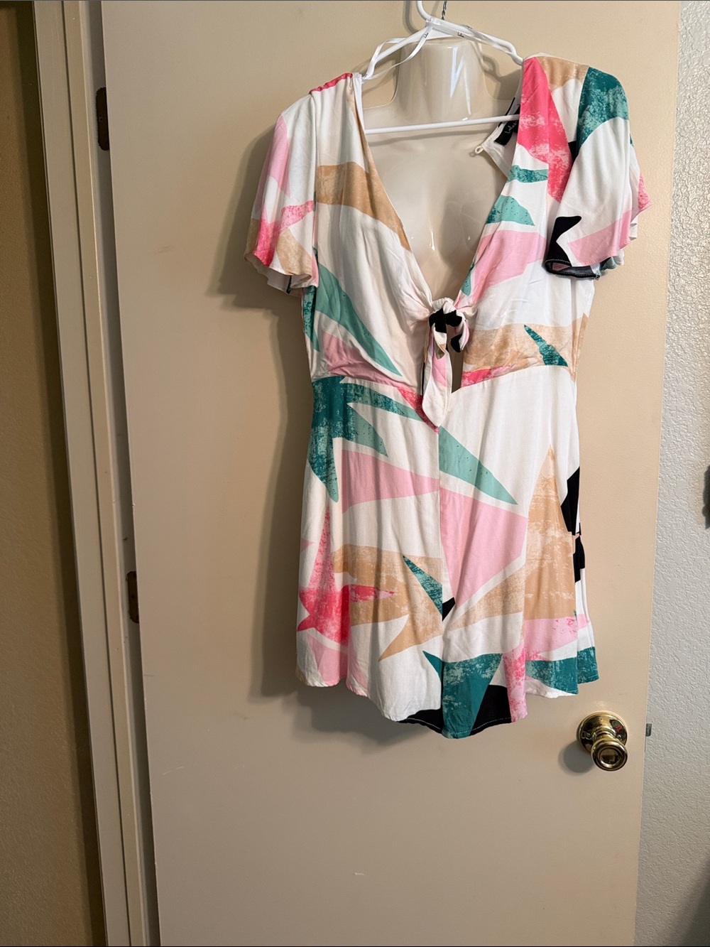 Lulu's White Abstract Tie-Front Romper with Pink, Teal & Tan Accents